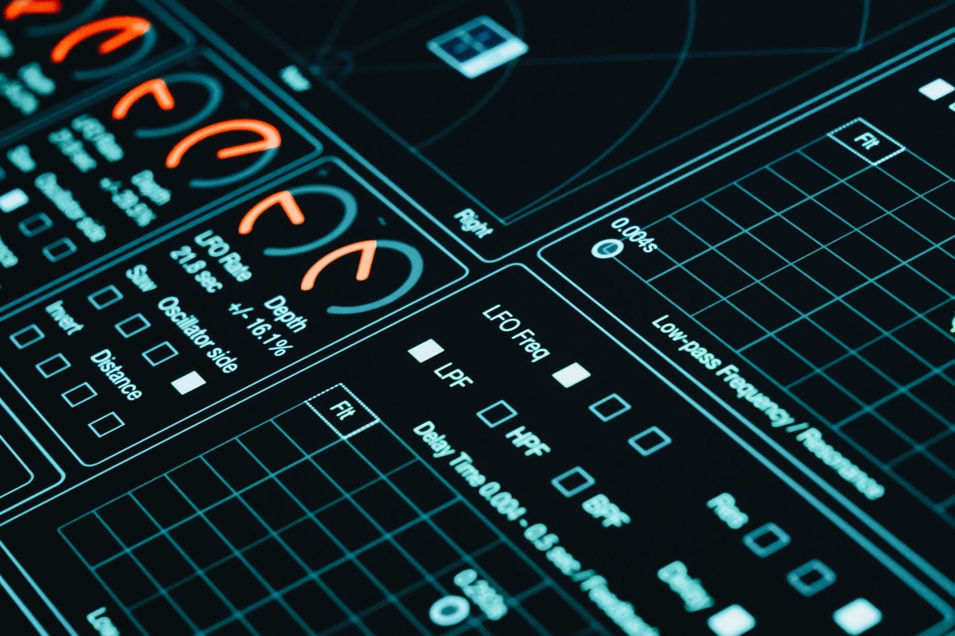 Digital interface with futuristic graphs and data analytics in low light.